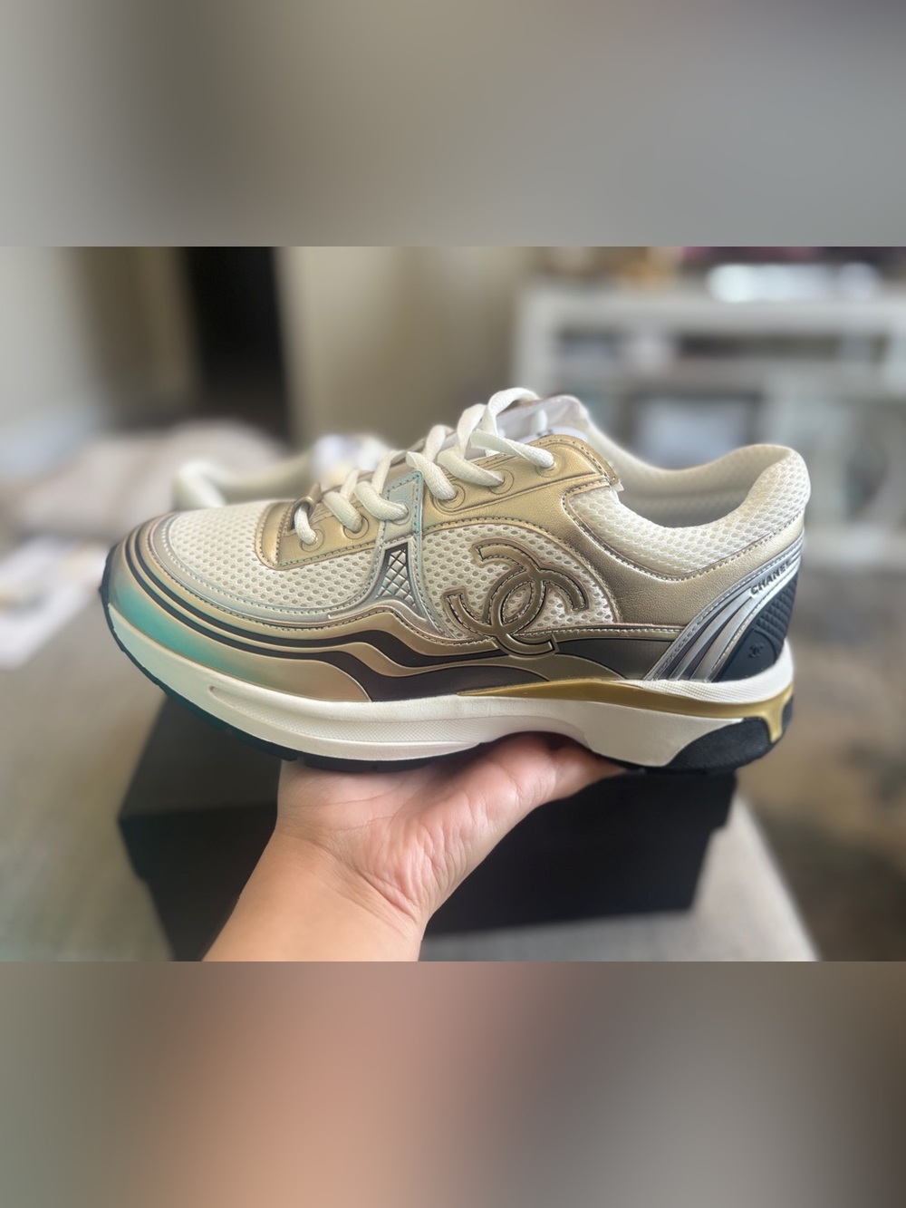 CHANEL Cream and Gold Mesh Logo Low-Top Sneaker